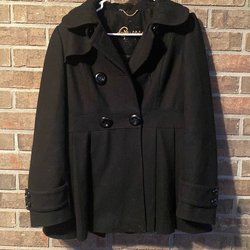 - GUESS Black wool blend double breated peastyle coat